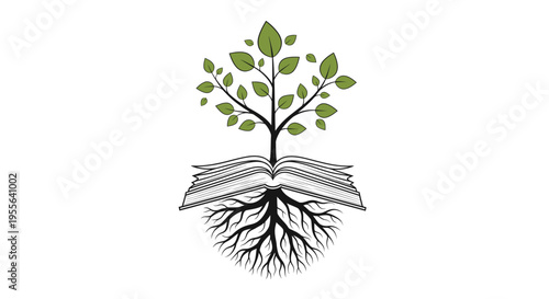 Tree with green leaves growing from open book with roots, symbolizing education and knowledge, isolated white background.