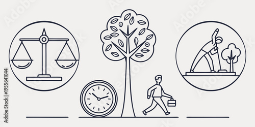 Balance and harmony with tree, scale, and clock