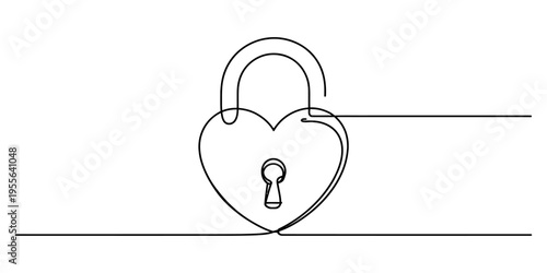 Minimalist continuous line drawing of a heart shaped padlock representing love and security concept Vector, illustration