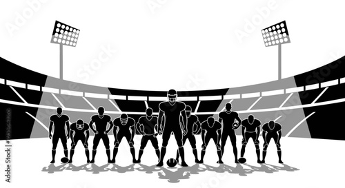 American Football Team Standing on Stadium Field with Floodlights in Black and White Silhouette