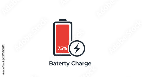 Battery Charge Level Icon Showing 75 Percent and Charging Bolt on Isolated White Background