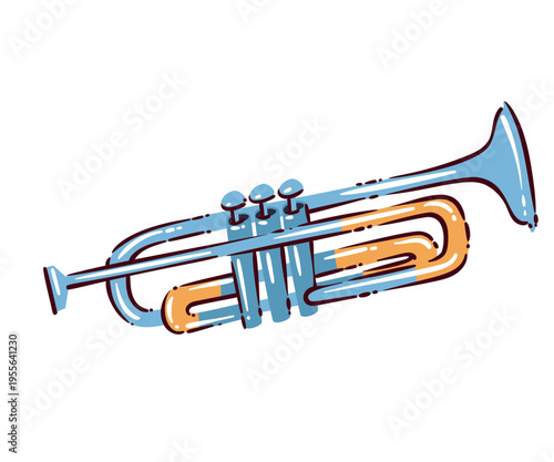 Trumpet brass musical instrument for mariachi, festival poster, party decor and live music design. Bright band symbol with trumpet in drawn simple modern style, vector illustration