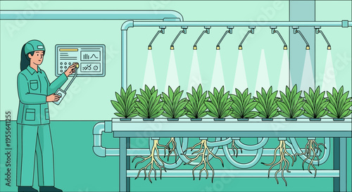 Farmer tending to hydroponic plants in a modern greenhouse.