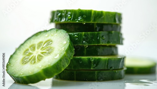 Stack of wet cucumber slices with water drops on white surface. Close-up of fresh green vegetable rounds ready for healthy meals. Organic garden produce, perfect for salads.