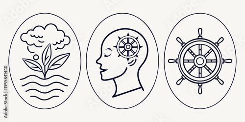Mindfulness and self-care with plant, head, and ship wheel growth