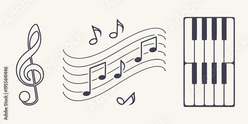 Music notes and piano keyboard treble clef musical notes sheet music