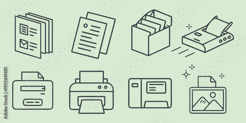 Office supplies and printing in black lines printing line black green background