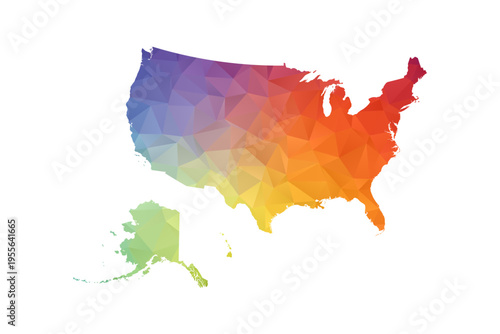 United States of America Map - Polygon Style Vector Illustration in Rainbow Gradient, Low Poly Multicolor Geometric Design, Isolated on White Background, Suitable for Reports, and Creative Projects.