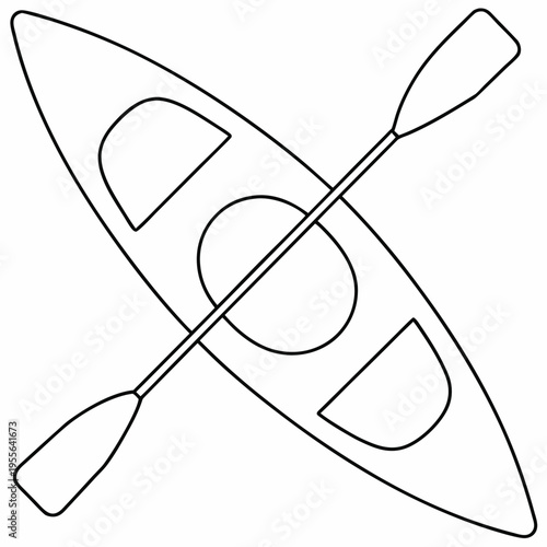 kayak with single seat and paddle line art vector illustration on transparent background