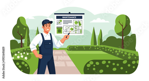 Gardener Explaining Maintenance Plan with Presentation Board.