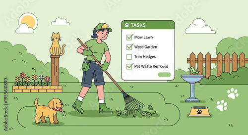 Gardener cleaning yard with dog and cat nearby.