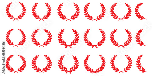 Set of black circular foliate laurels branches. Laurel wreath. Silhouette vintage laurel wreaths collection. Heraldic trophy crest. Greek olive branch award, winner round emblem 