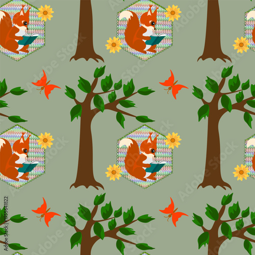 Childish applique red squirrel reading book on hand-stitched melange knit hexagon patch