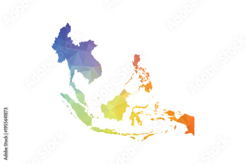 Southeast Asia Map - Polygon Style Vector Illustration in Rainbow Gradient, Low Poly Multicolor Geometric Design, Isolated on White Background, Suitable for Reports, and Creative Projects.