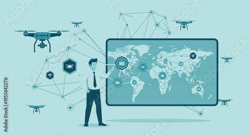 Man Interacting with Global Drone Network Technology Display.