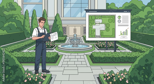 Man presenting landscape design plan outdoors.