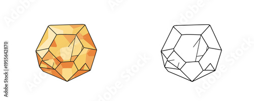 Single golden topaz crystal vector illustrations shown in colored cartoon and black outline linear styles, warm orange and amber translucent hues, representing faceted gemstone on white background