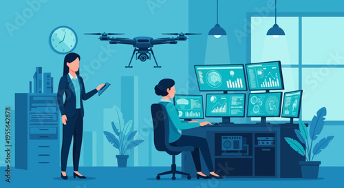 Two women operating a drone with multiple monitors.