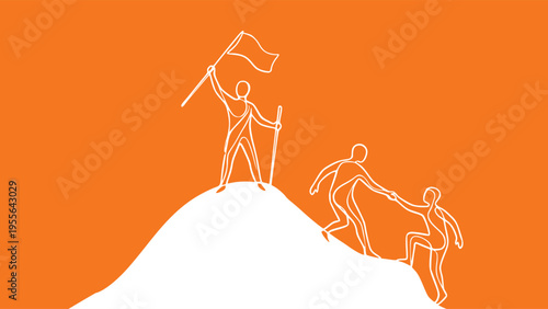 Business Success Teamwork Climbing Mountain Concept Line Art