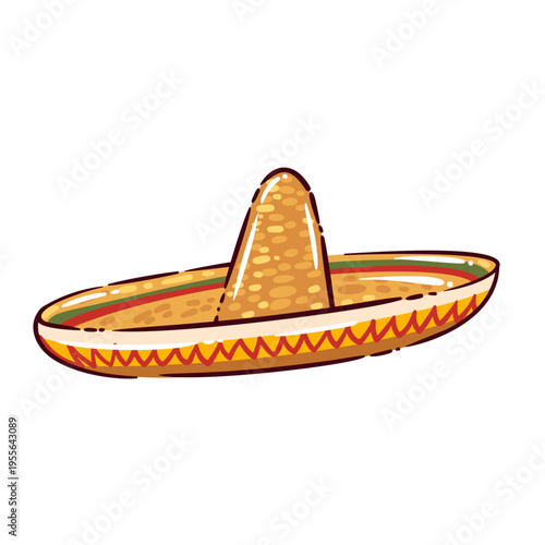 Sombrero straw hat with wide brim, tall crown and colorful trim. Traditional mexican costume symbol and festive decor with sombrero, drawn simple modern style, vector illustration