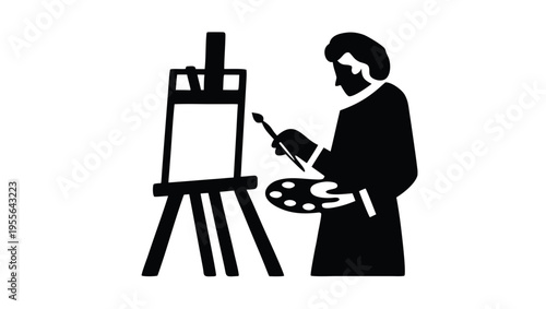 A minimalist vector graphic of an artist painting on an easel