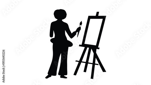 A silhouette of a woman painting on an easel in a minimalist vector illustration