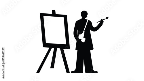 A silhouette of a man in a suit standing next to an easel and giving a presentation with a pointer.