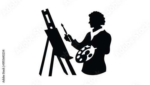 A silhouette of an artist painting on an easel with a palette in hand