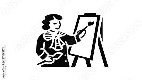 A minimalist vector illustration of a painter at work, creating art on an easel