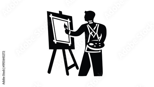 A minimalist vector graphic of a painter standing in front of an easel with a canvas