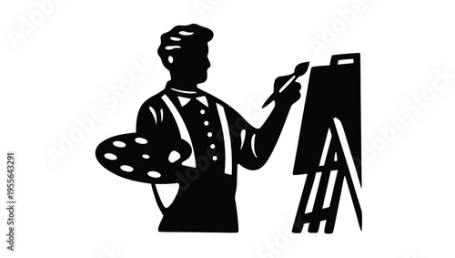 A minimalist vector graphic of a painter at work, creating art on an easel