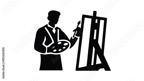A minimalist vector graphic of a painter standing in front of an easel with a paintbrush and palette