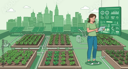 Woman managing urban rooftop farm with digital technology.