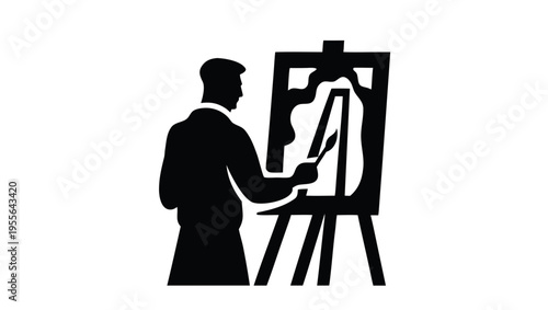 A minimalist vector graphic of a man painting on an easel in a simple black silhouette style