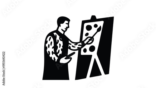 A minimalist vector illustration of a man painting on an easel