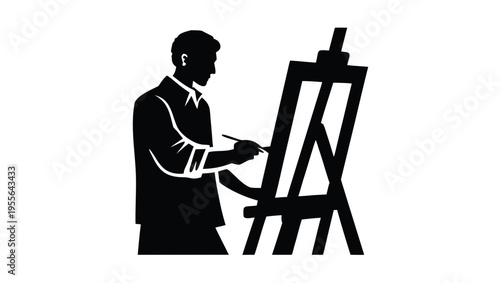 A minimalist vector graphic of a man painting on an easel