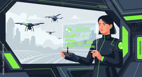Woman Operating Futuristic Drone Control Interface.