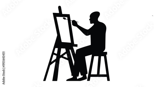 A silhouette of an artist sitting on a stool, painting on an easel with a brush in hand.