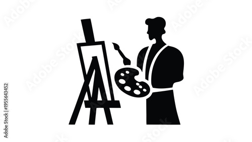A minimalist vector graphic of a painter standing in front of an easel with a palette