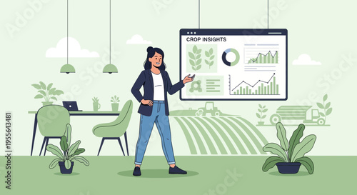 Woman presenting crop growth data on a digital screen.