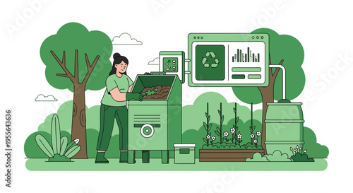 Woman tending to composting machine with digital interface.