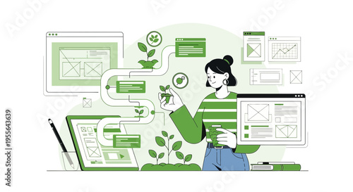 Woman tending to digital plants and data visualizations.