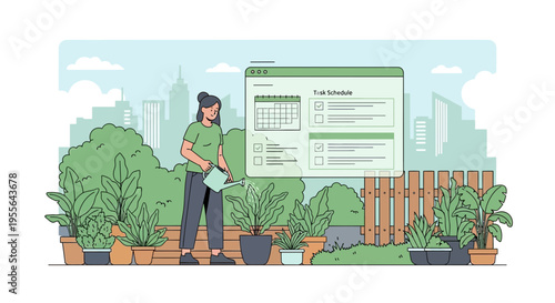 Woman tending to plants in a rooftop garden with a digital interface.