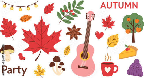 Autumn party elements set with leaves guitar coffee cake mushrooms and cozy fall season illustration collection