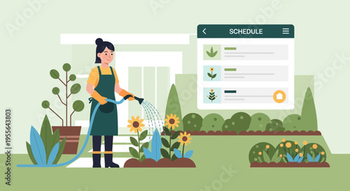 Woman watering plants using a hose and app.