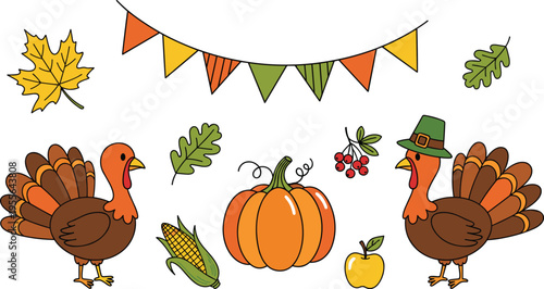Thanksgiving autumn set with turkey pumpkin leaves bunting corn apple and harvest festive illustration collection