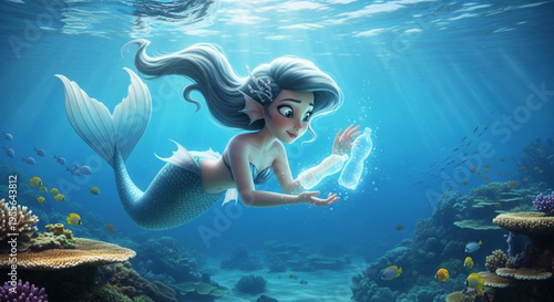 An ultra-realistic cartoon mermaid collecting plastics from the ocean and transforming them into light, serene expression, crystal clear water, cinematic underwater lighting.