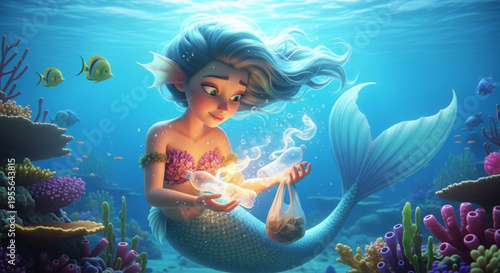 An ultra-realistic cartoon mermaid collecting plastics from the ocean and transforming them into light, serene expression, crystal clear water, cinematic underwater lighting.