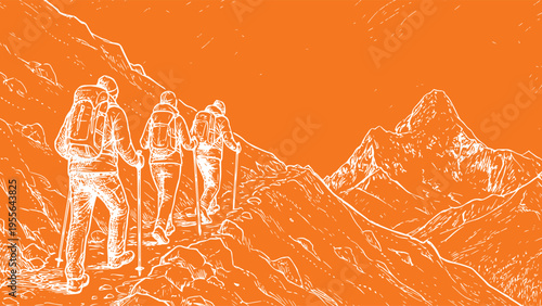 Group of hikers climbing a mountain path, line art drawing