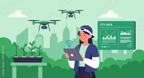 Young woman controlling drones with tablet for urban farming technology.